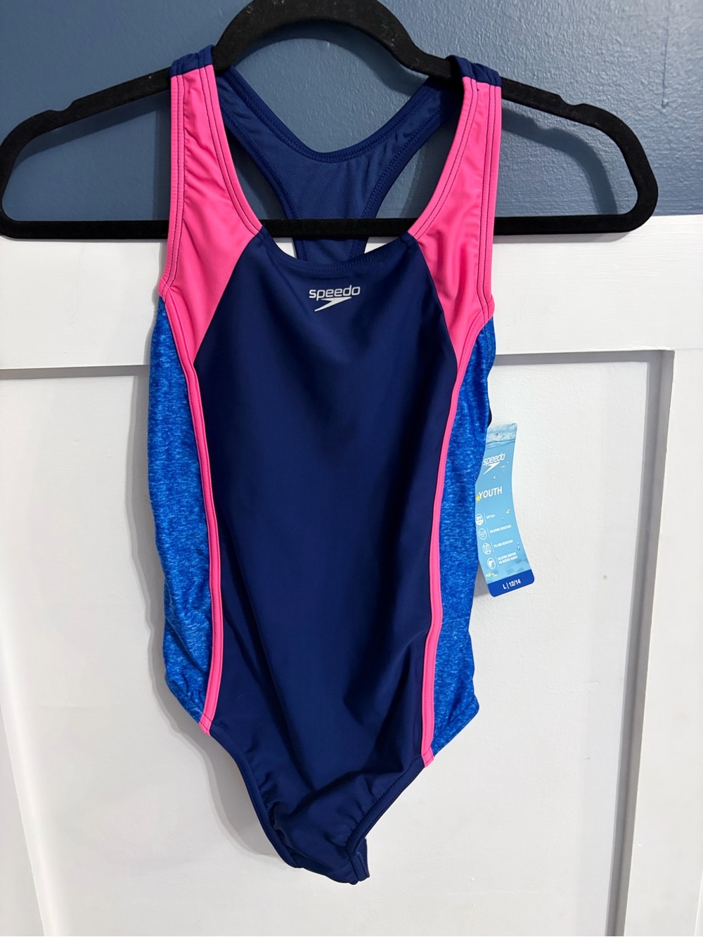 Speedo Girls' Racerback Sport Slice One Piece Swimsuit Navy/Pink Size Large NWT